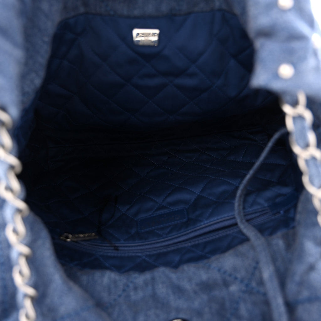 Washed Denim Quilted Studded Small Chanel 22 Blue