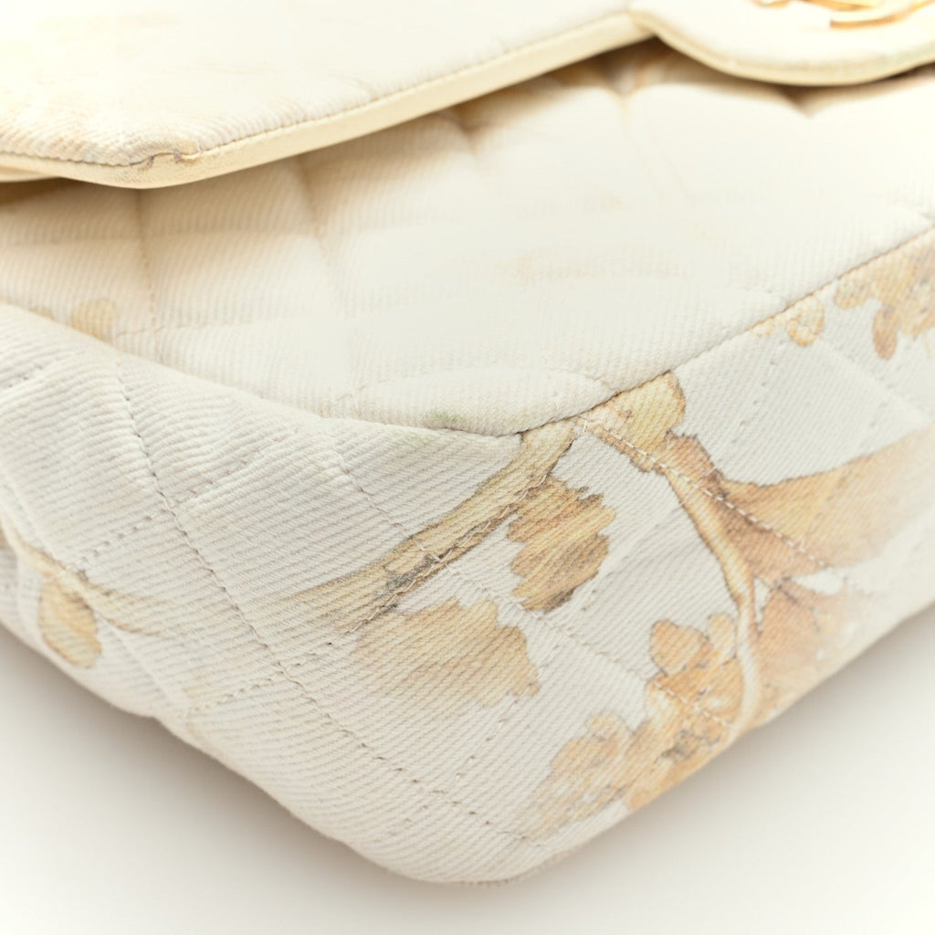 Denim Floral Printed Medium Double Flap Beige