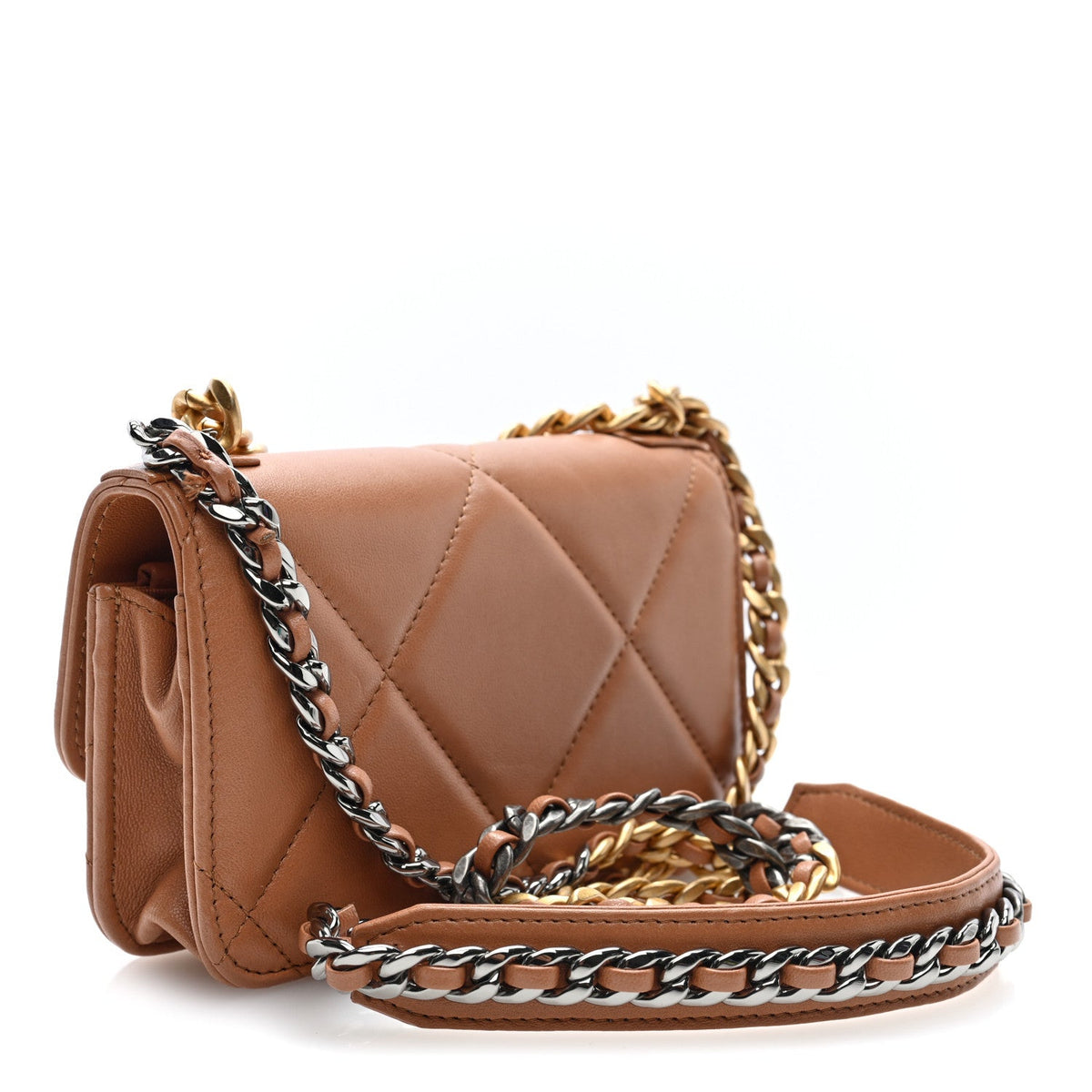 Lambskin Quilted Chanel 19 Flap Phone Holder With Chain Brown