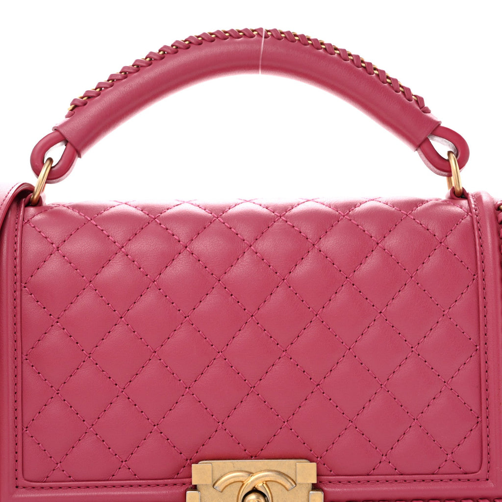 Calfskin Quilted Medium Top Handle Boy Flap Pink
