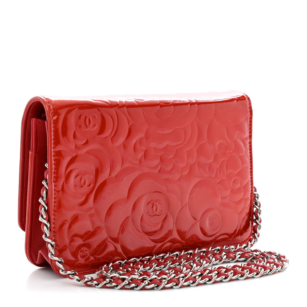 Patent Camellia Embossed Wallet On Chain WOC Dark Red