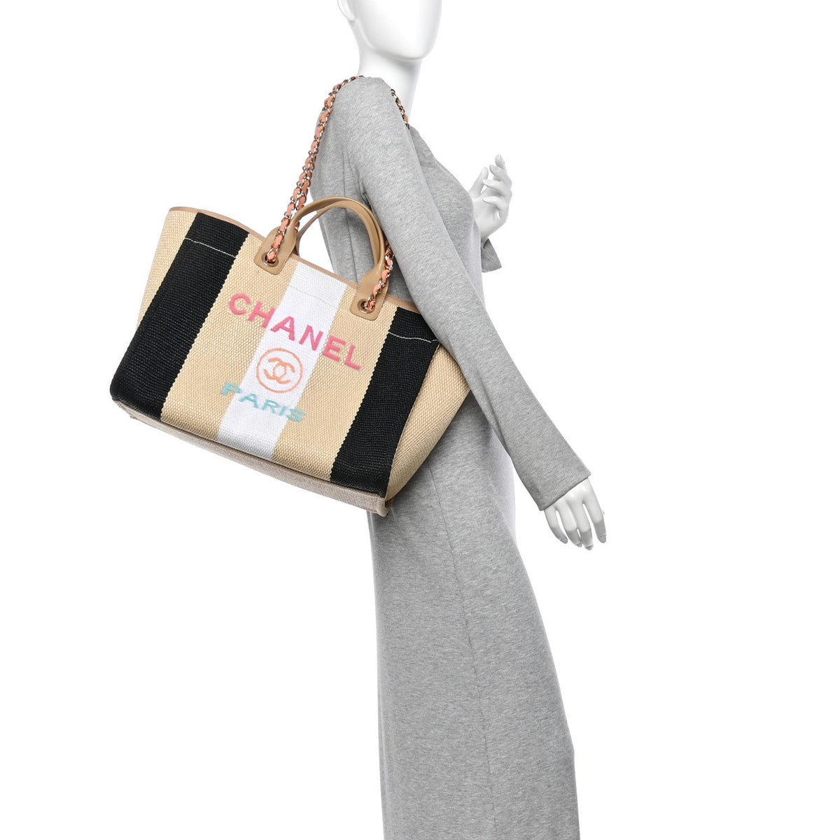 Straw Raffia Calfskin Striped Medium Deauville Tote Black Beige Ivory