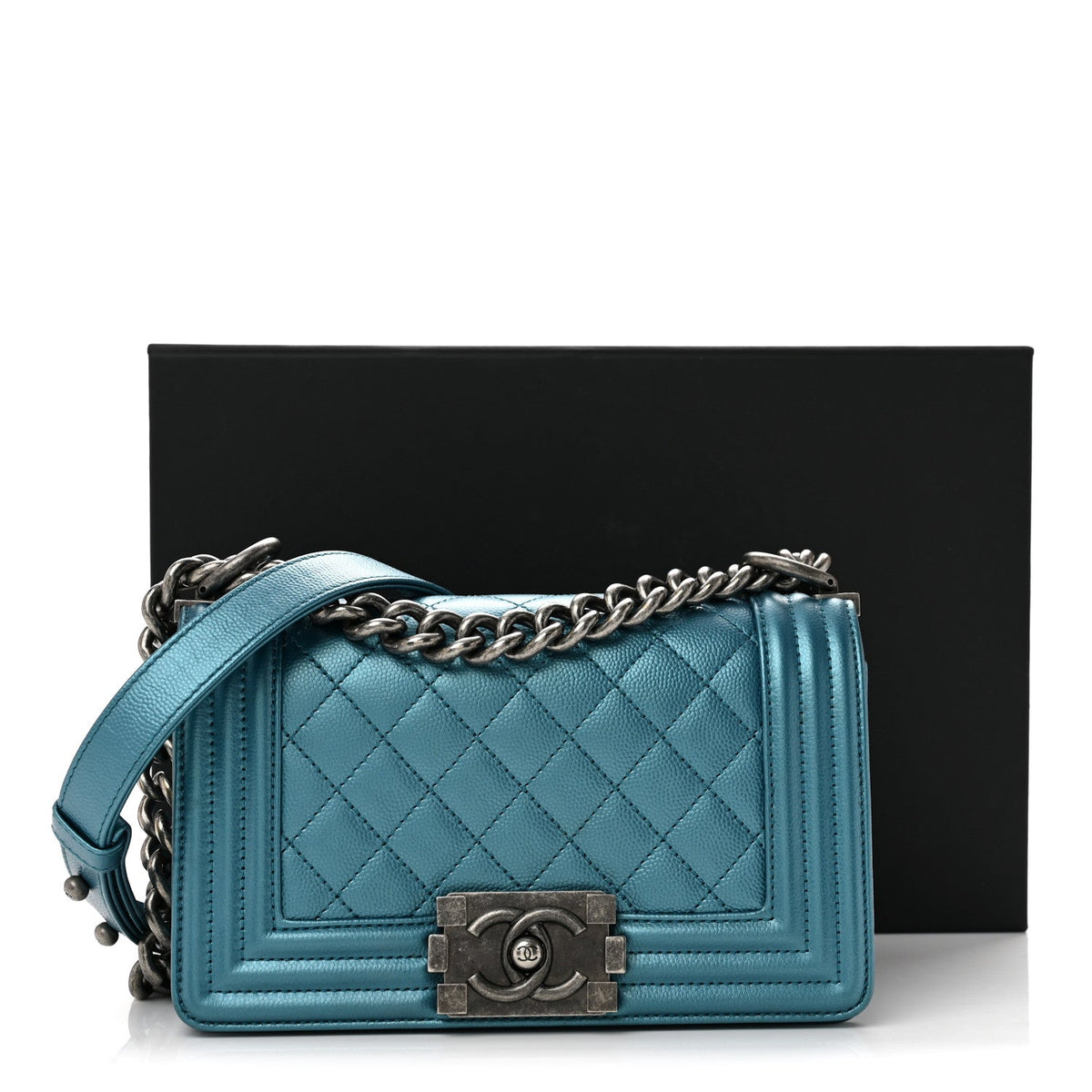 Metallic Caviar Quilted Small Boy Flap Blue