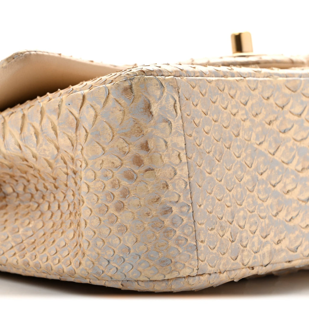 Metallic Snakeskin Mini Rectangular Flap White Gold