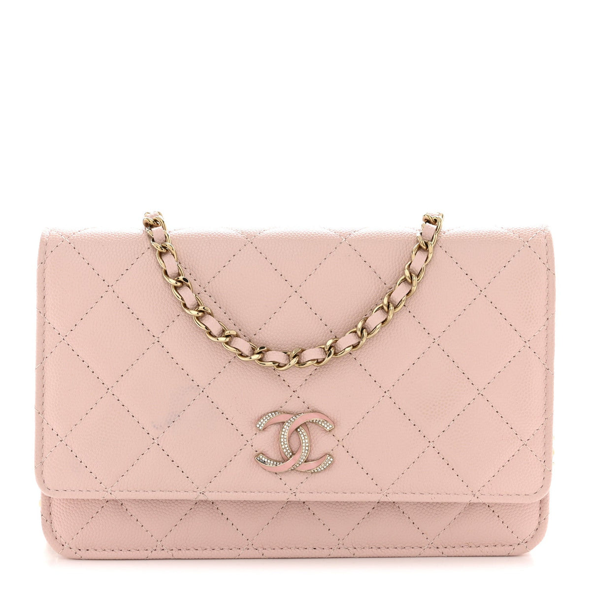 Caviar Quilted Crystal Enamel CC Wallet On Chain WOC Light Pink