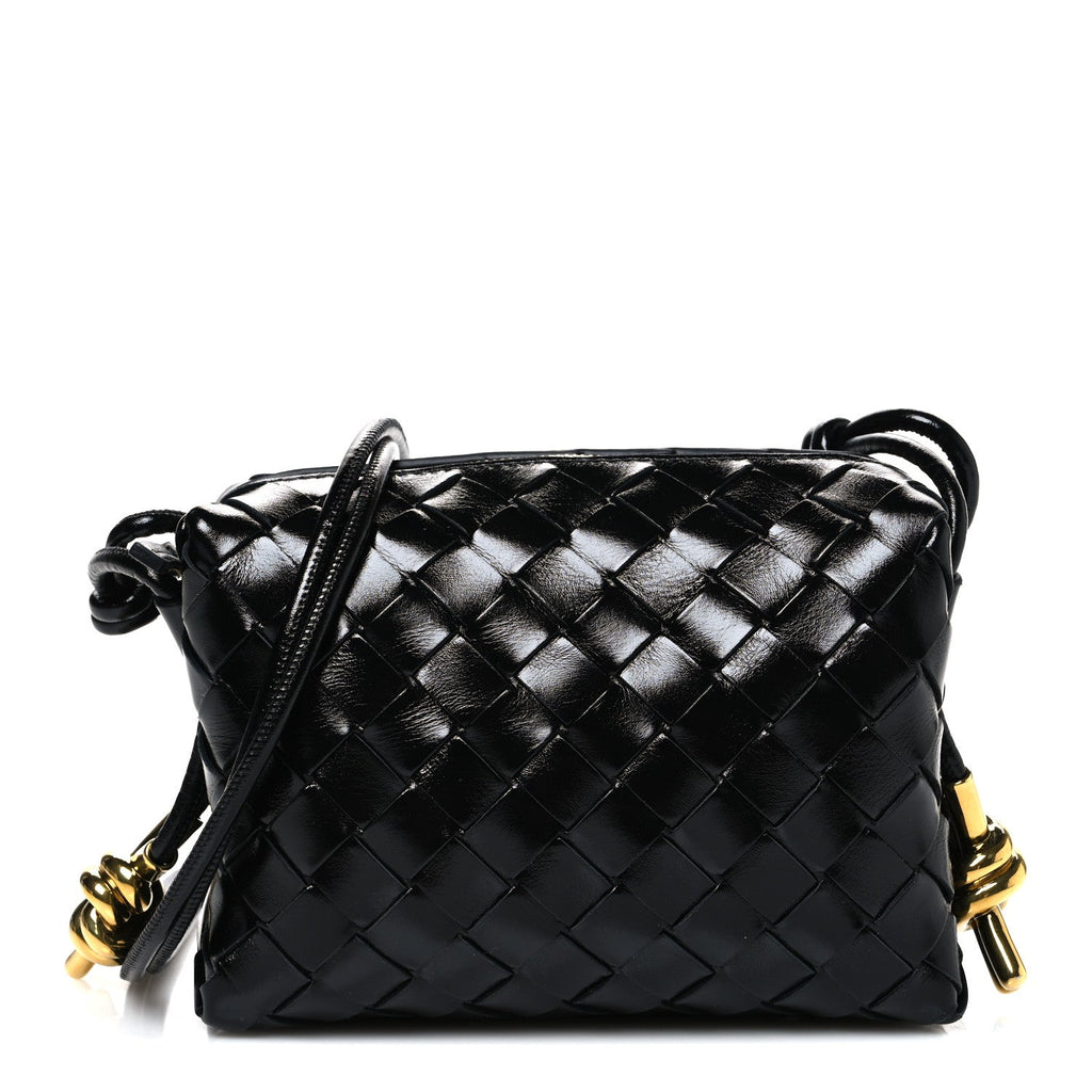 Polished Nappa Intrecciato Metallic Knot Mini Loop Camera Bag Black