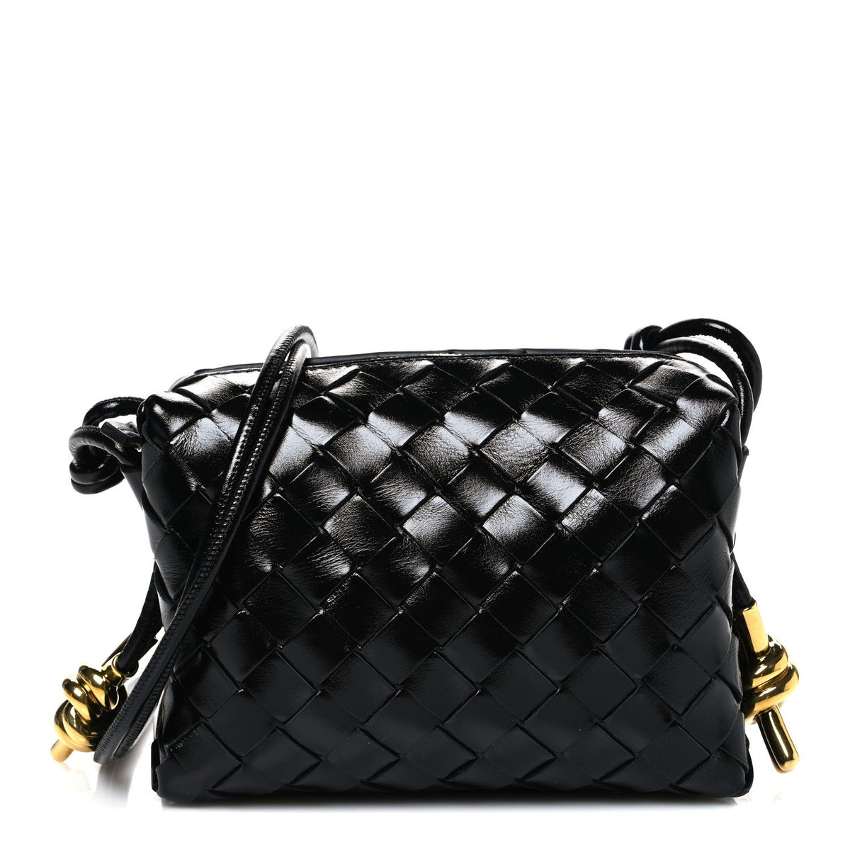 Polished Nappa Intrecciato Metallic Knot Mini Loop Camera Bag Black