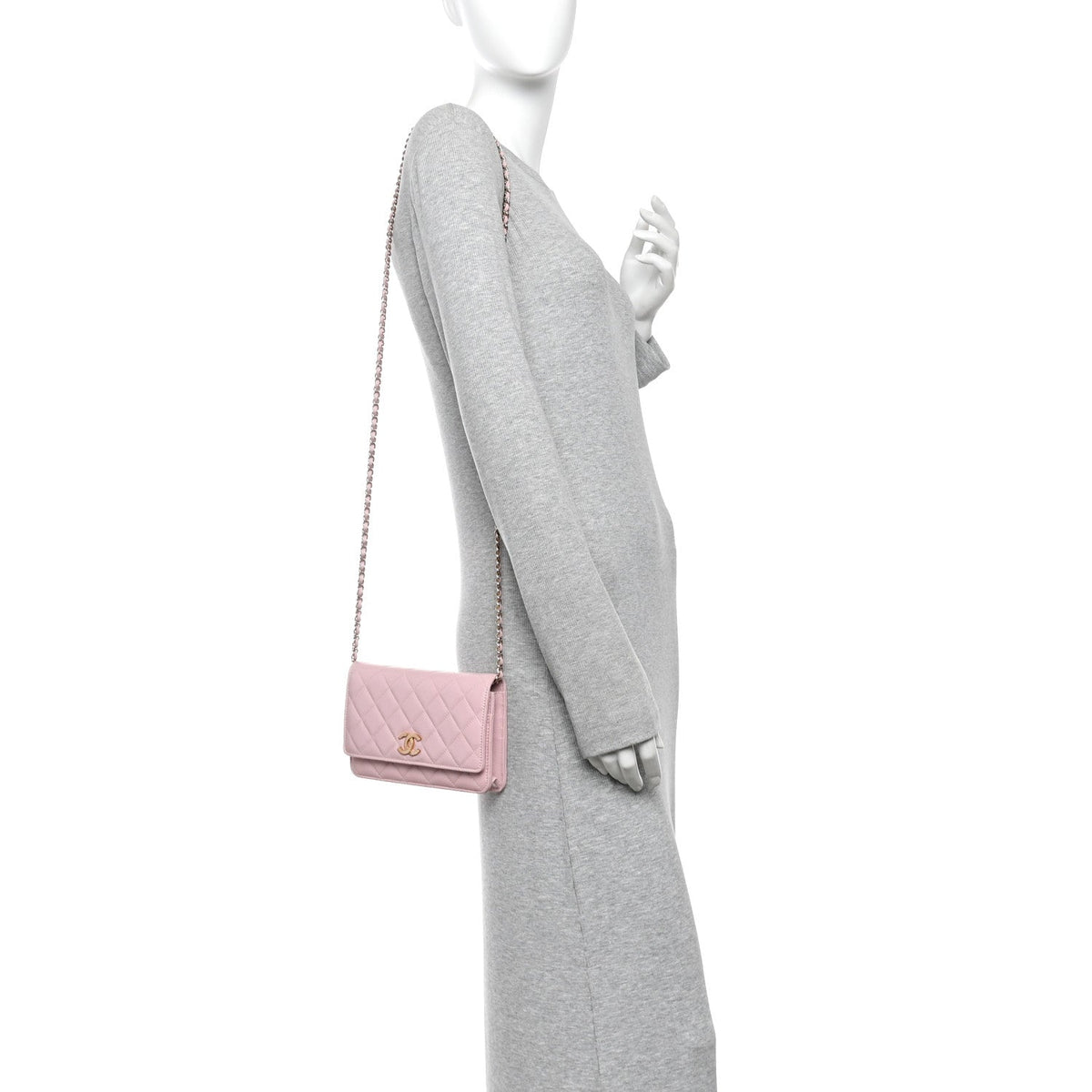 Caviar Quilted Studded CC Wallet on Chain WOC Light Pink
