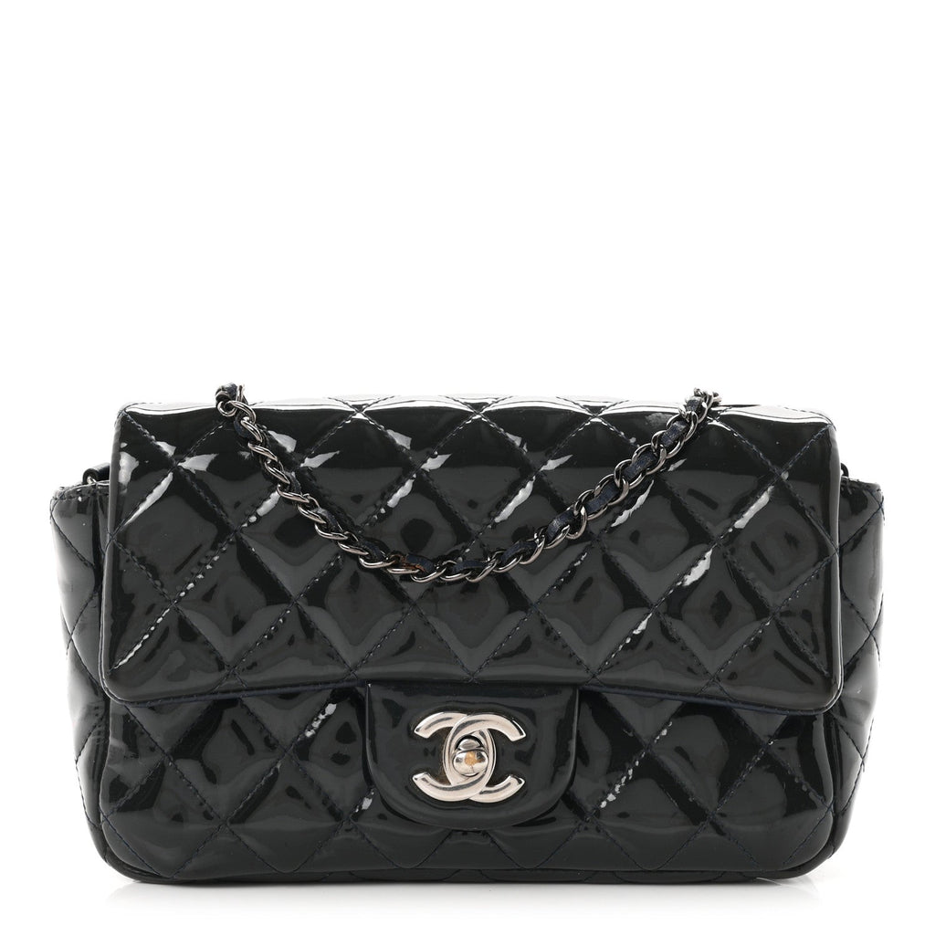 Patent Calfskin Quilted Mini Rectangular Flap Blue