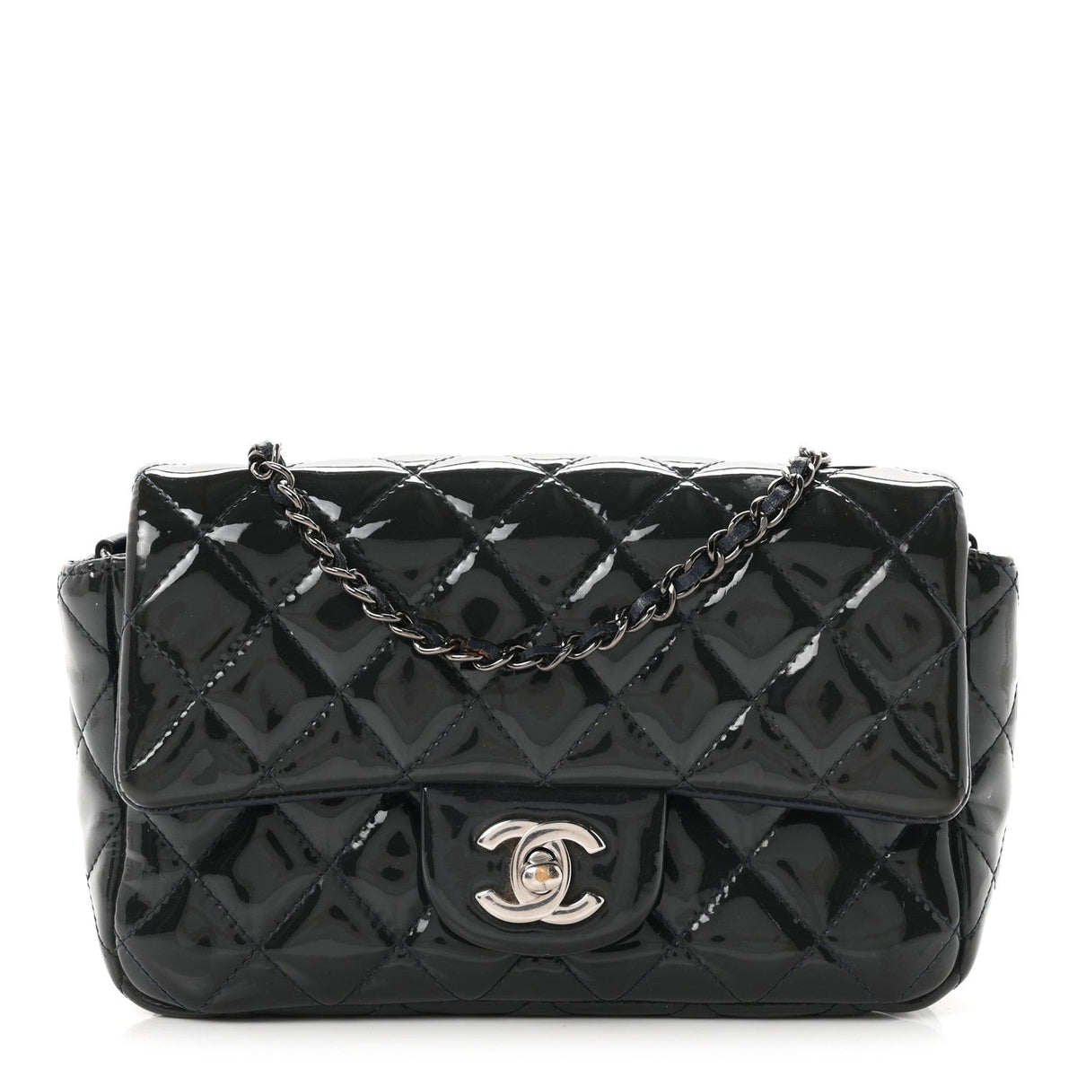 Patent Calfskin Quilted Mini Rectangular Flap Blue