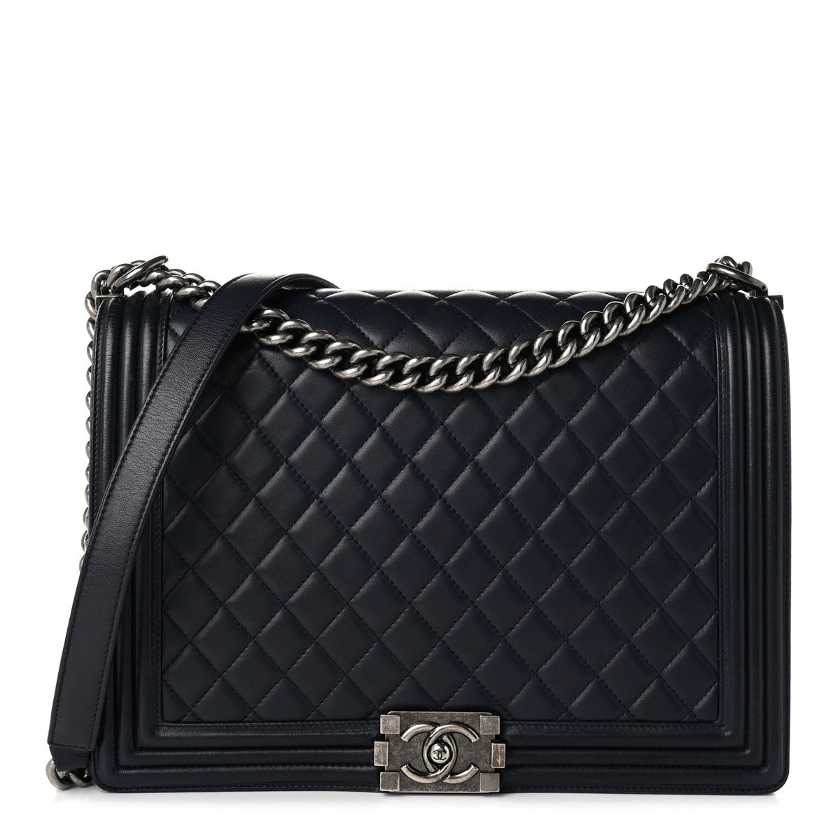 Calfskin Quilted Large Boy Flap Navy Blue