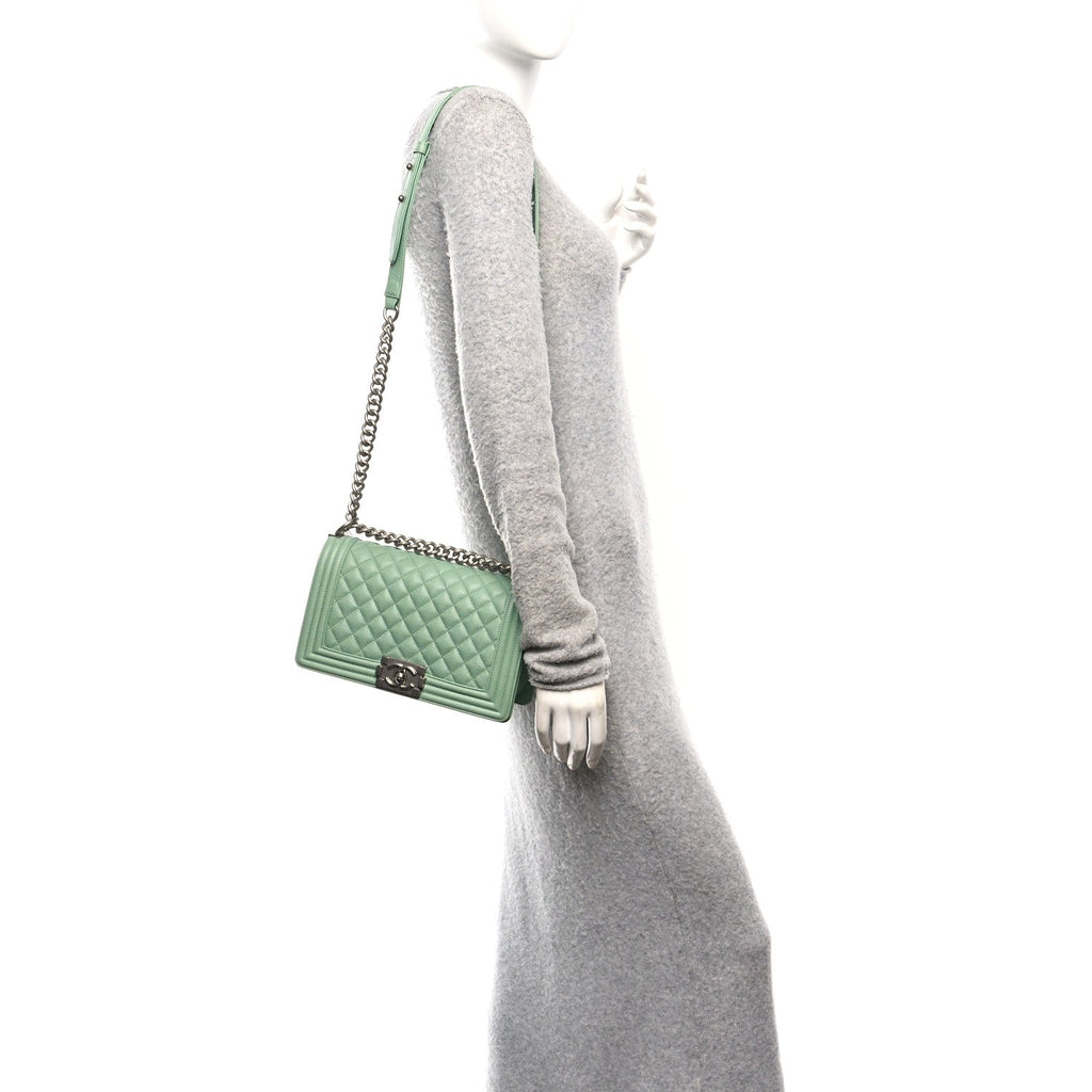 Caviar Quilted Medium Boy Flap Light Green