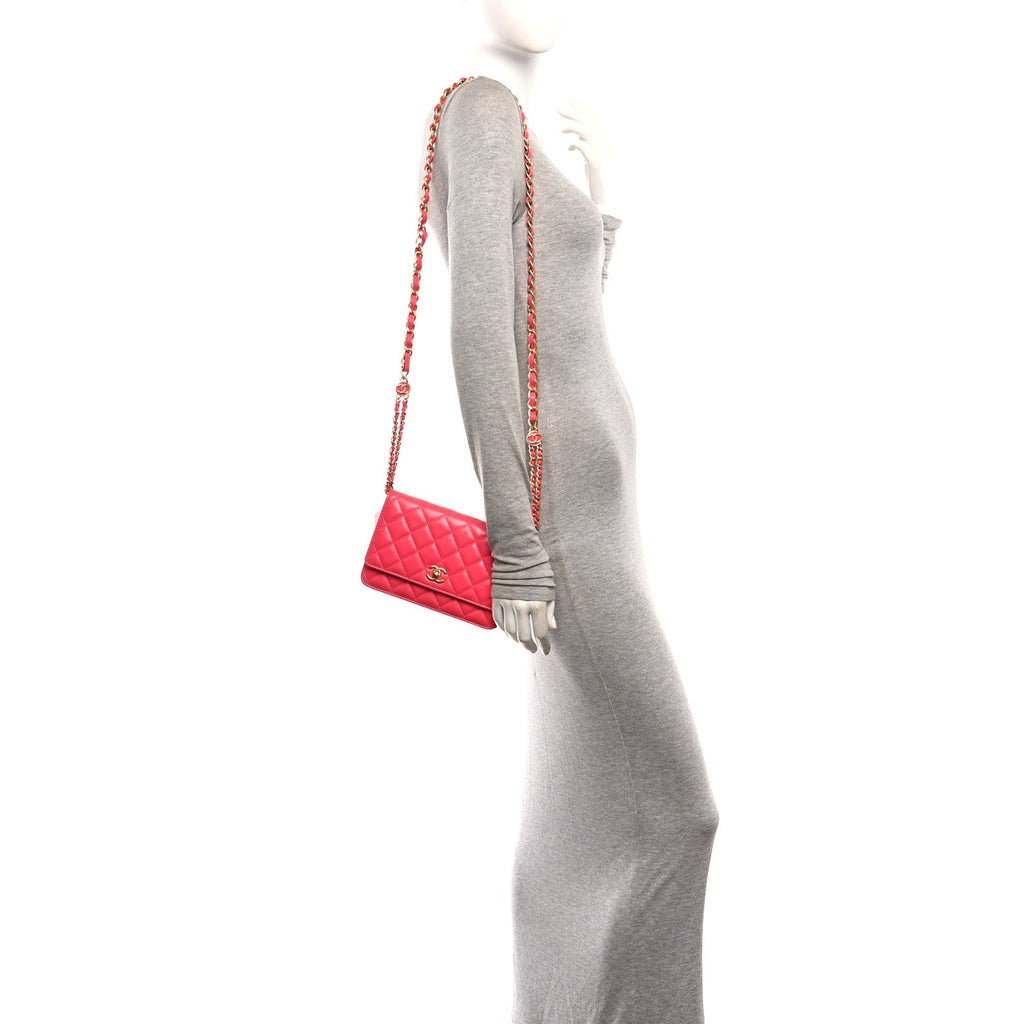 Lambskin Enamel Quilted CC Wallet on Chain WOC Pink