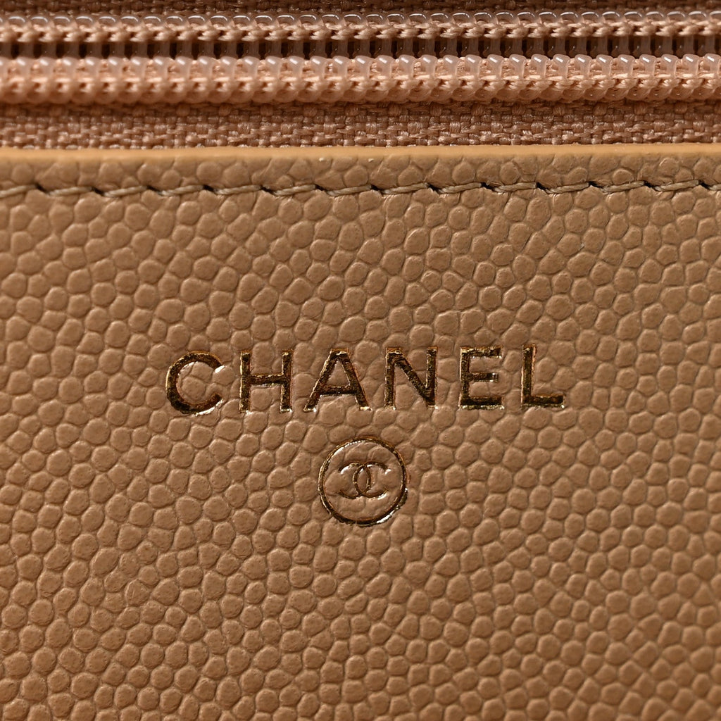 Caviar Quilted Crystal CC Wallet On Chain WOC Beige