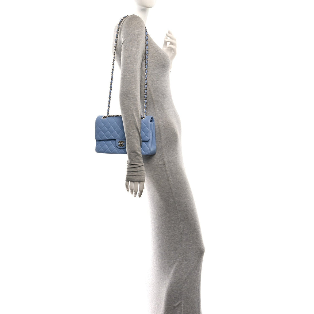 Lambskin Quilted Medium Double Flap Light Blue