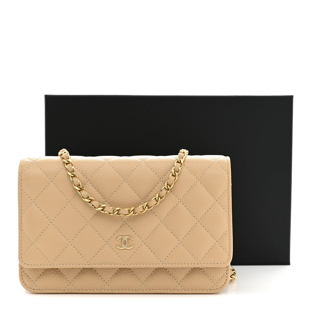 Caviar Quilted Wallet on Chain WOC Beige