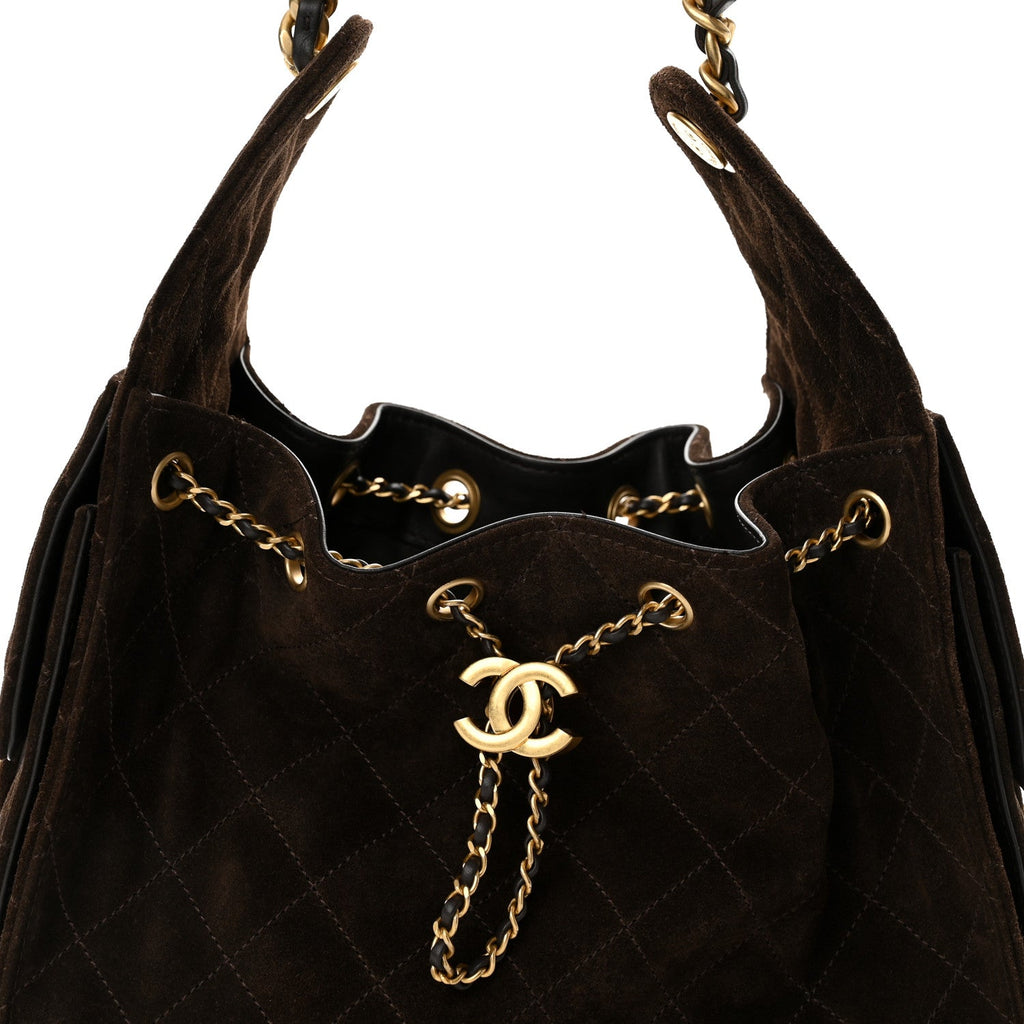 Suede Quilted Small Chanel 25 Handbag Dark Brown