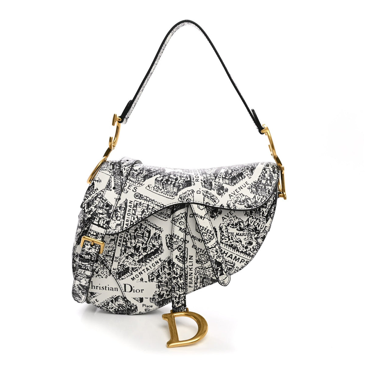 Calfskin Plan De Paris Printed Saddle Bag With Strap White Black