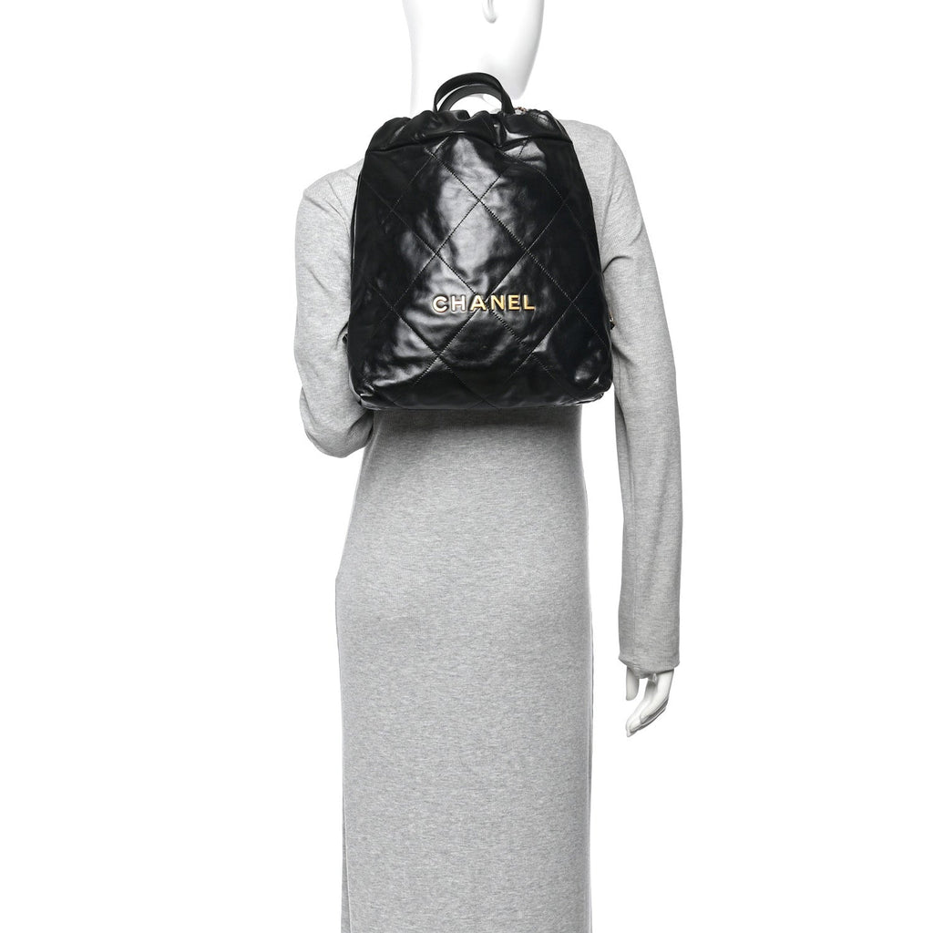 Shiny Calfskin Quilted Chanel 22 Backpack Black