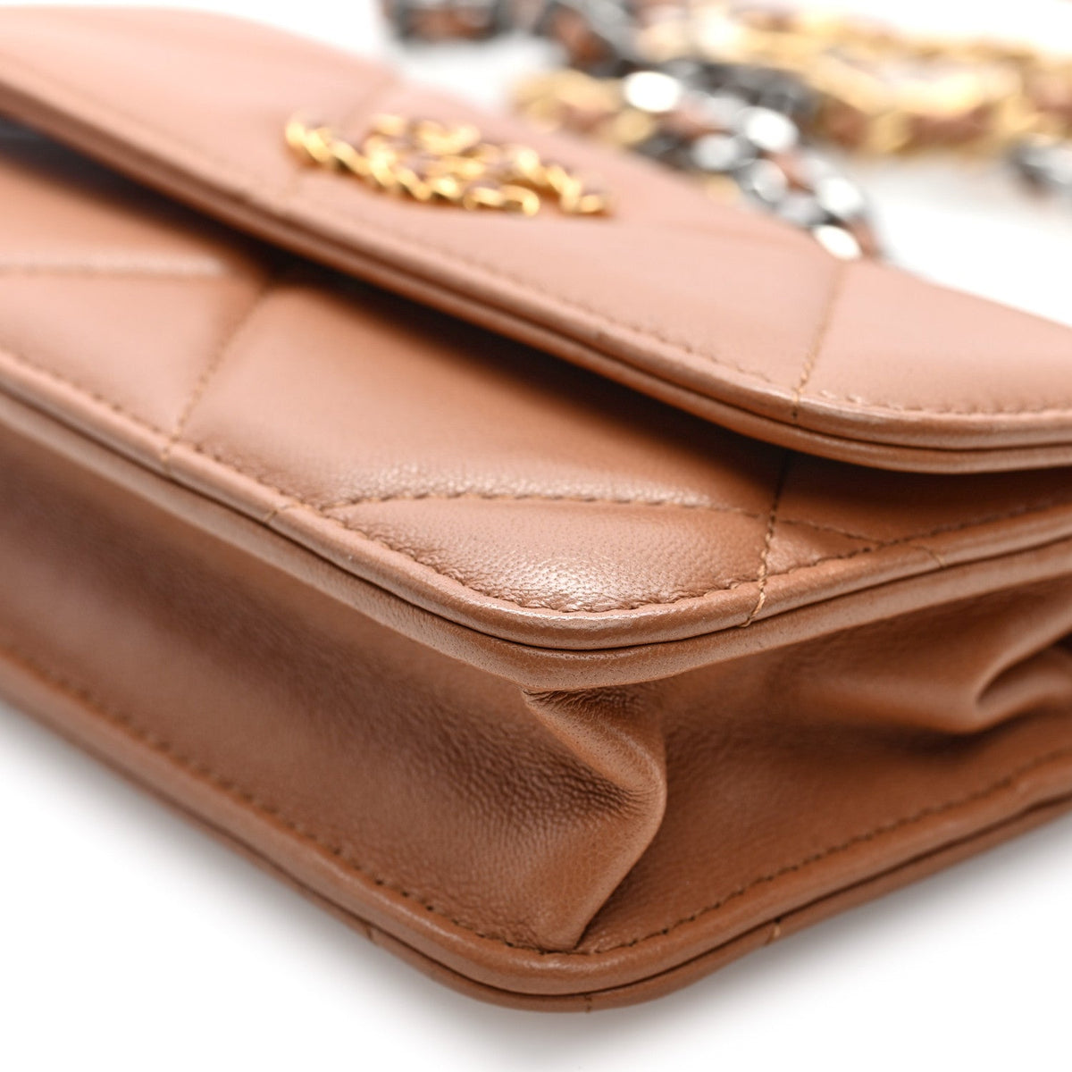 Lambskin Quilted Chanel 19 Flap Phone Holder With Chain Brown