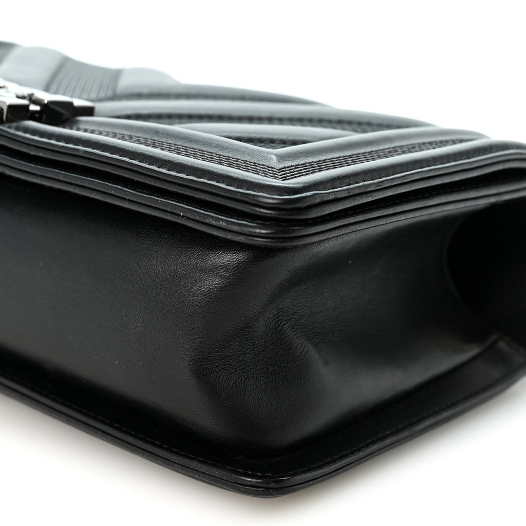 Calfskin Perforated Chevron Quilted Medium Boy Flap Black