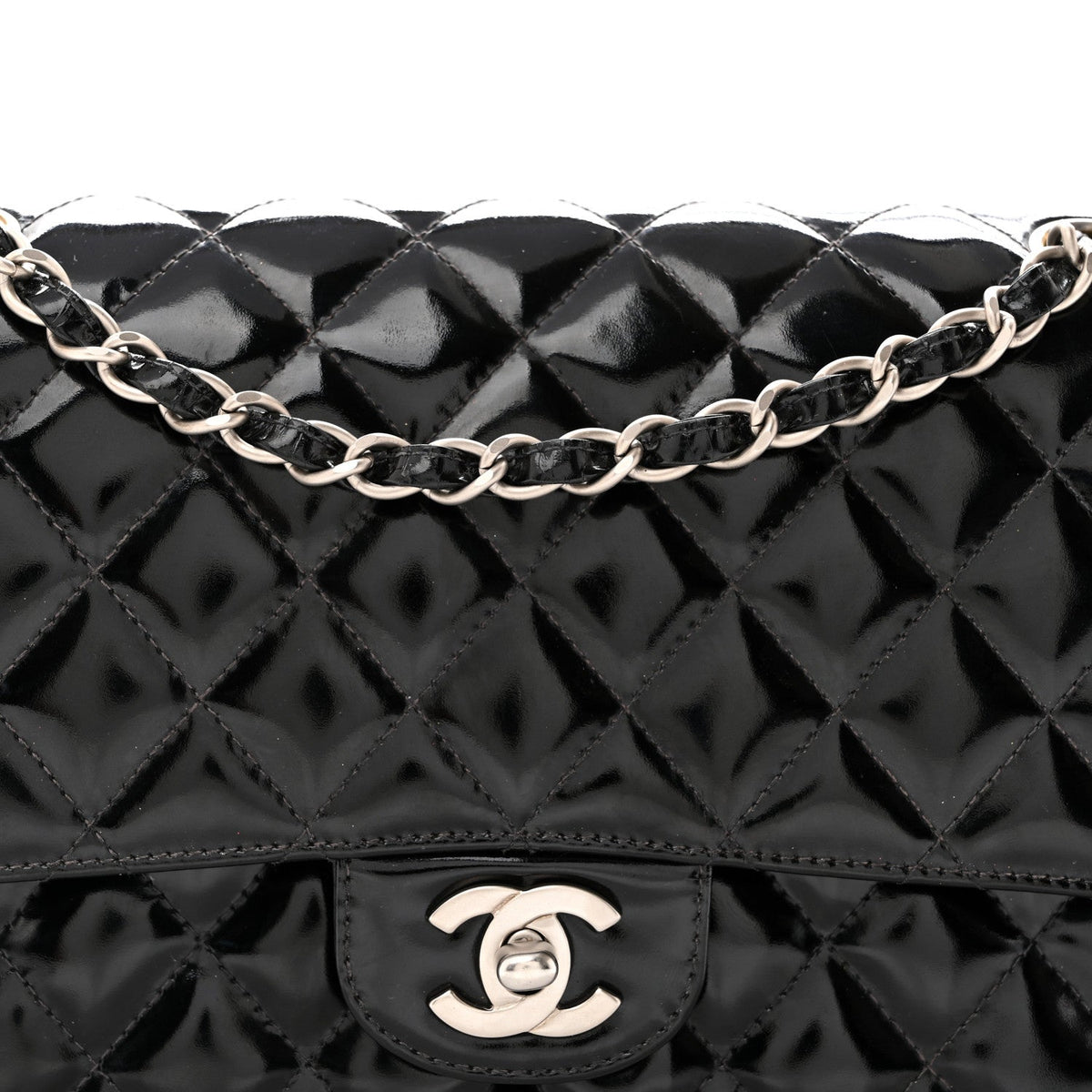 Patent Quilted Medium Double Flap Black
