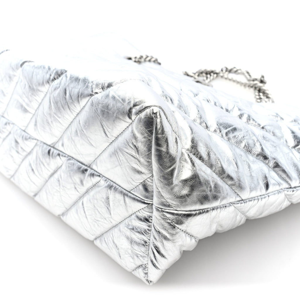 Metallic Crushed Calfskin Quilted Medium Crush Carry All Tote Bag Silver