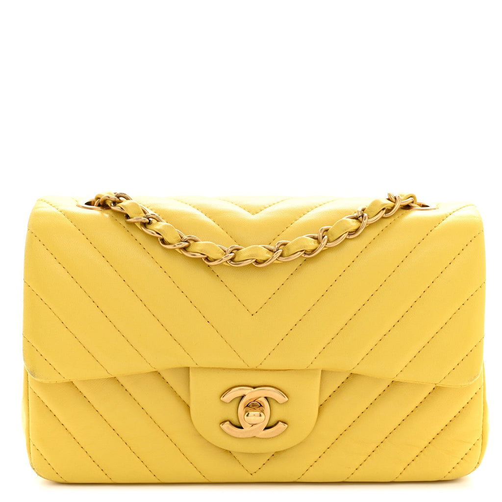 Lambskin Chevron Quilted Mini Rectangular Flap Yellow