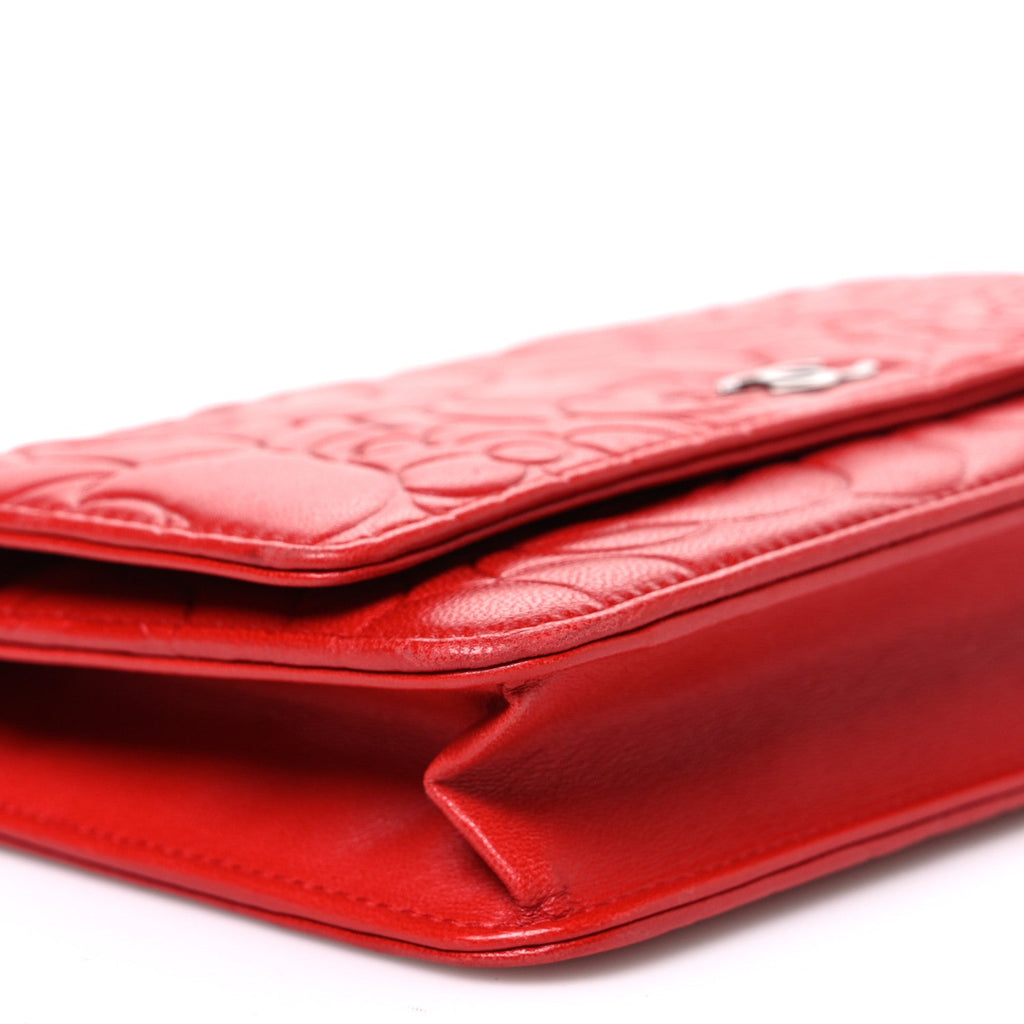 Lambskin Camellia Embossed Wallet on Chain WOC Red