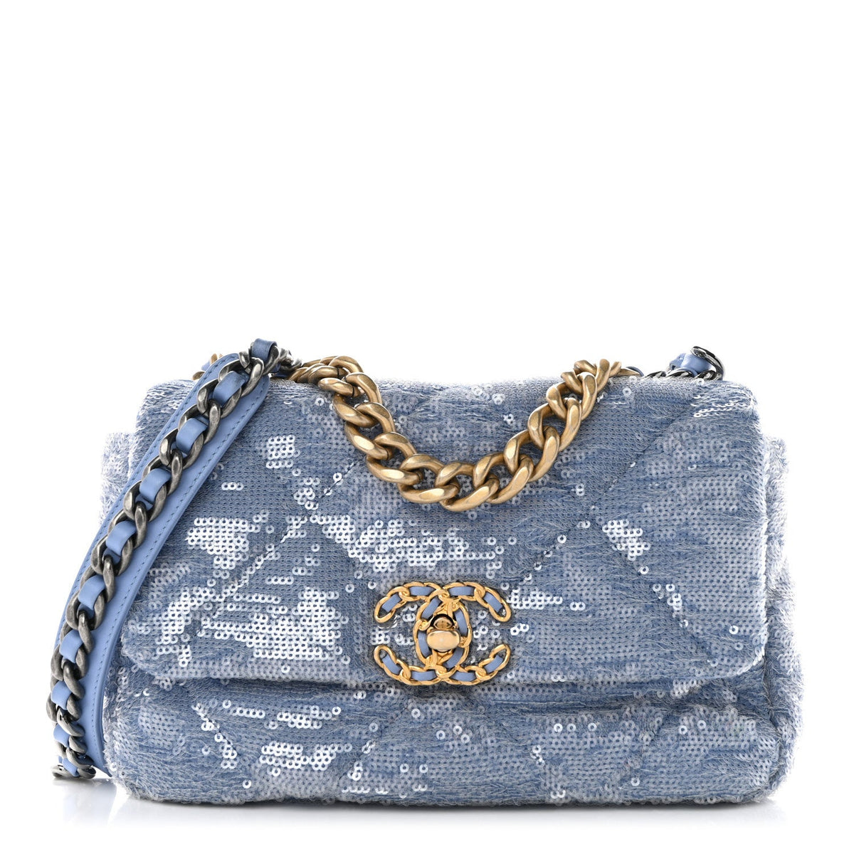 Sequin Quilted Medium Chanel 19 Flap Light Blue