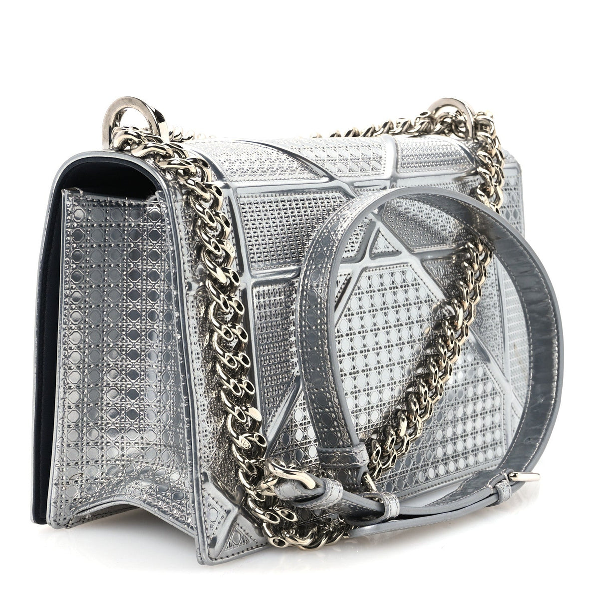 Metallic Patent Micro-Cannage Medium Diorama Flap Bag Silver