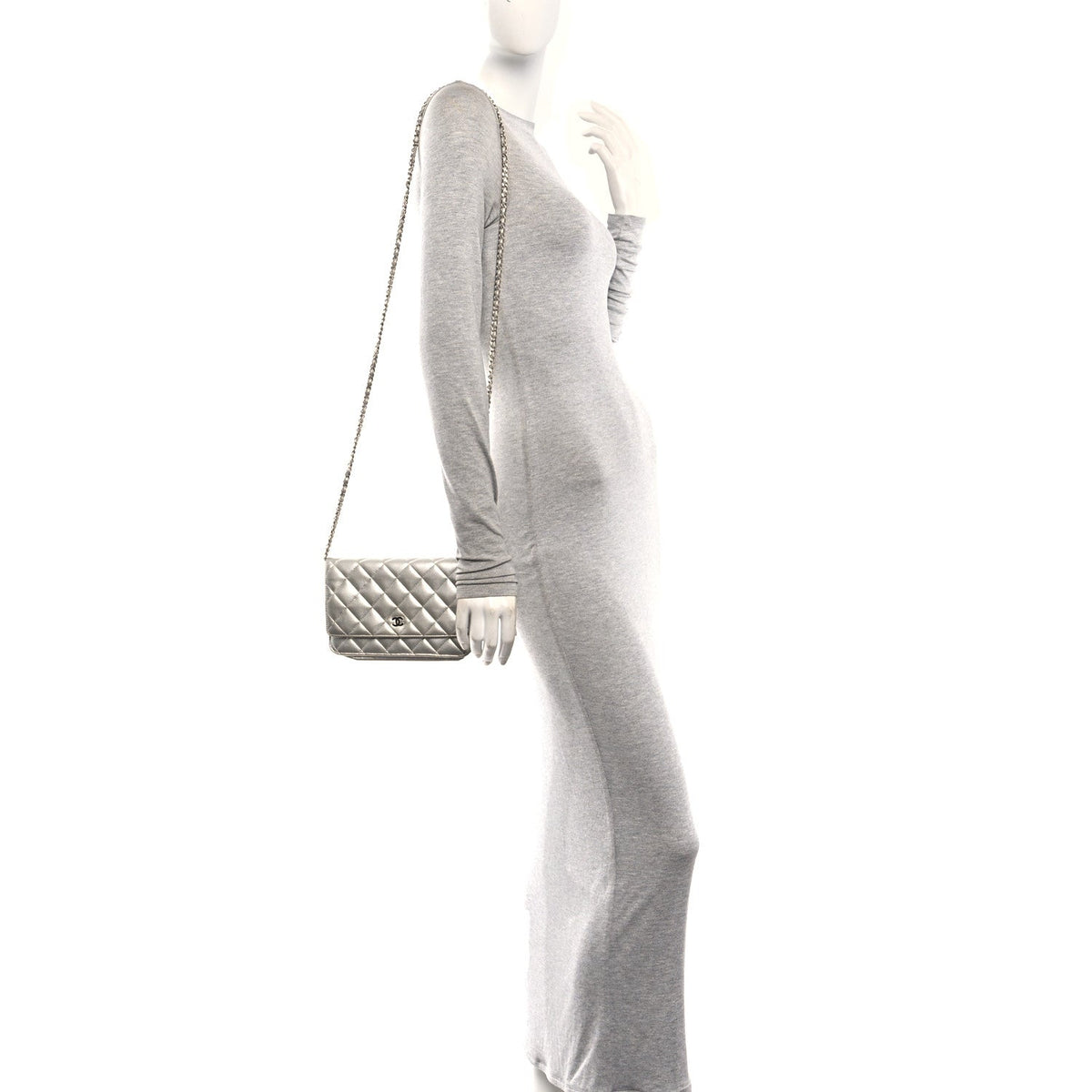 Metallic Lambskin Quilted Wallet On Chain WOC Silver