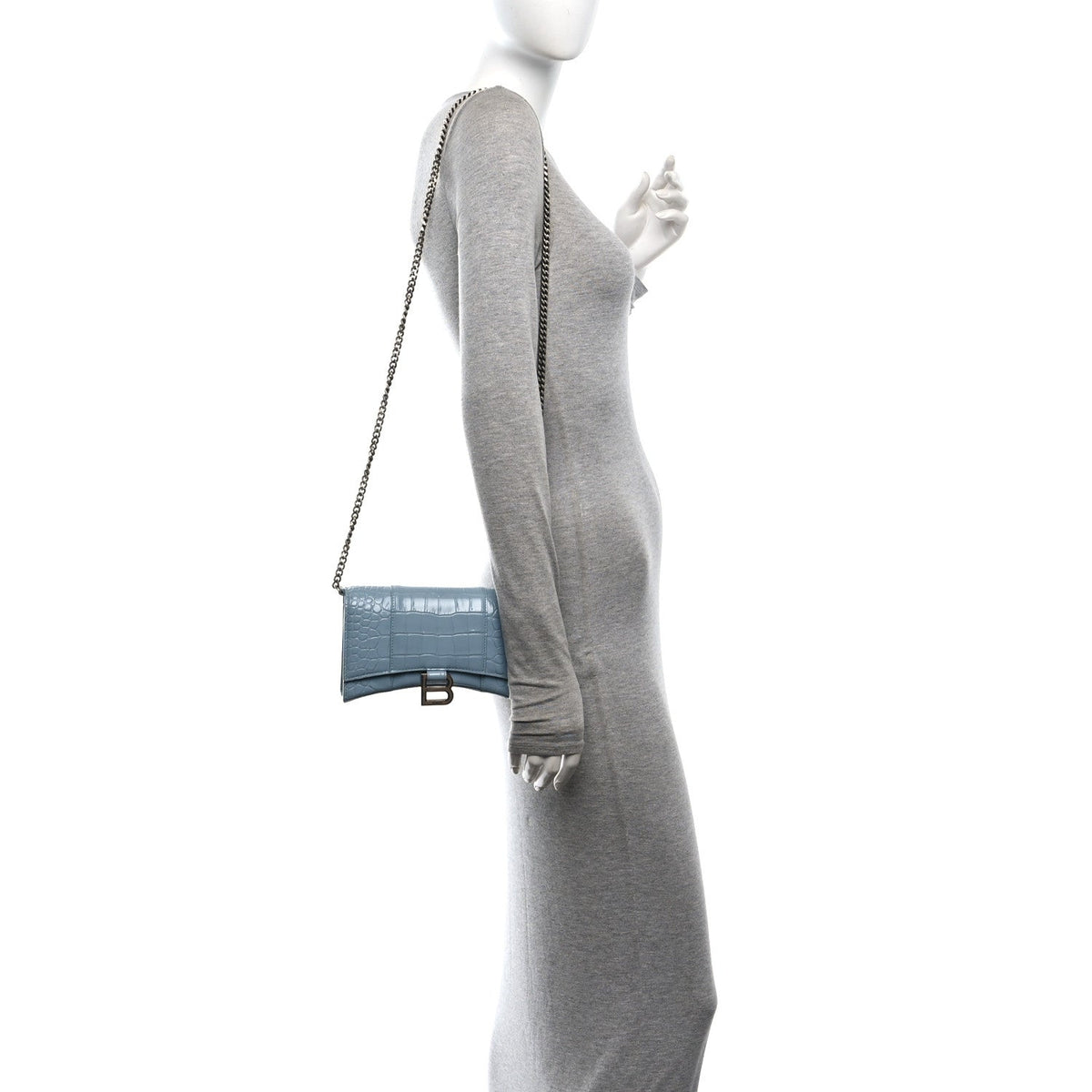 Shiny Calfskin Crocodile Embossed Hourglass Chain Bag Blue Grey