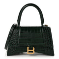 Shiny Calfskin Crocodile Embossed Small Hourglass Top Handle Bag Forest Green