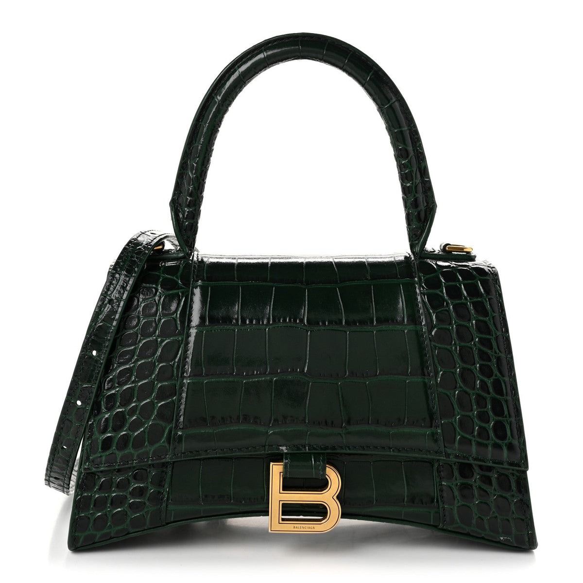 Shiny Calfskin Crocodile Embossed Small Hourglass Top Handle Bag Forest Green