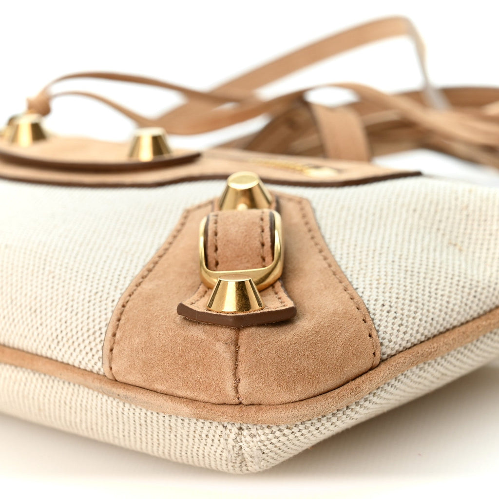 Linen Canvas Waxed Suede Calfskin Aged Gold Hardware Le City Pouch On Strap Beige Camel