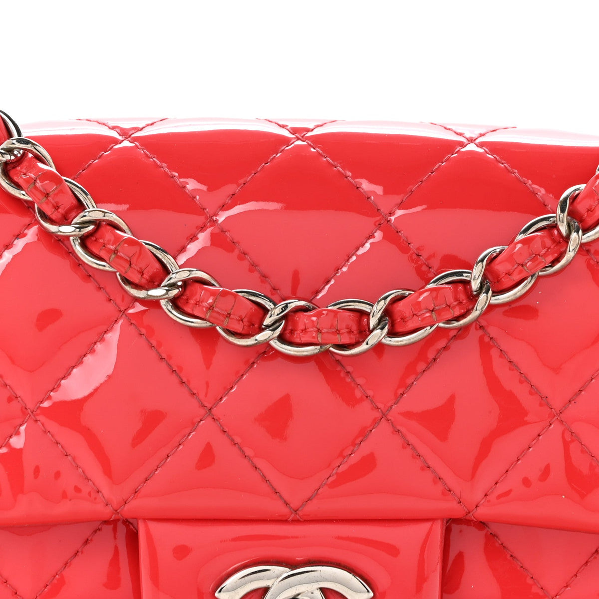 Patent Calfskin Quilted Mini Rectangular Flap Coral