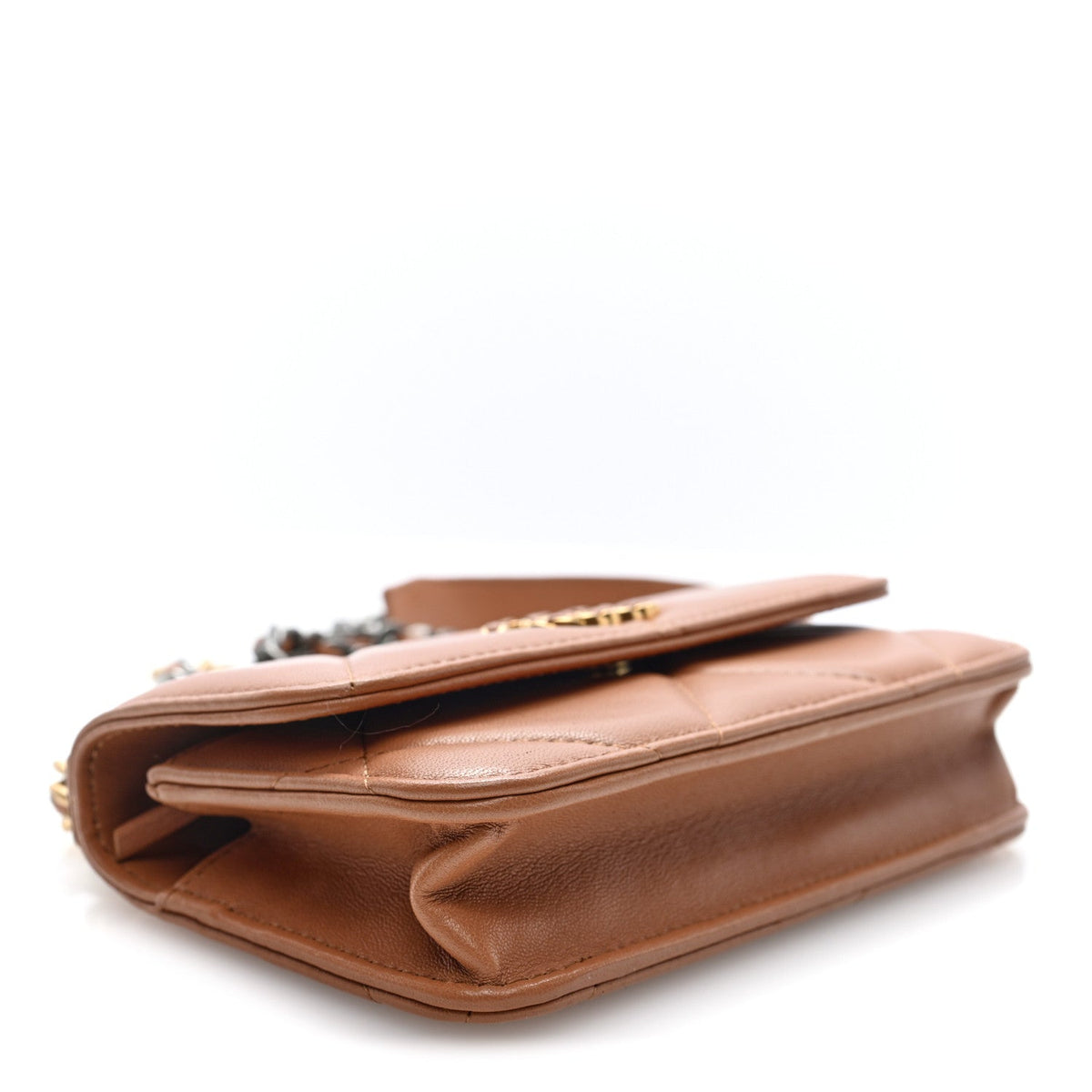 Lambskin Quilted Chanel 19 Flap Phone Holder With Chain Brown