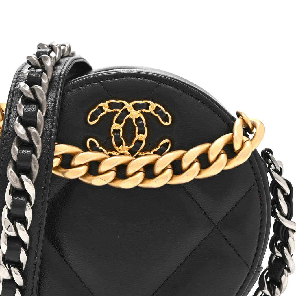 Shiny Goatskin Quilted Chanel 19 Round Clutch With Chain Black