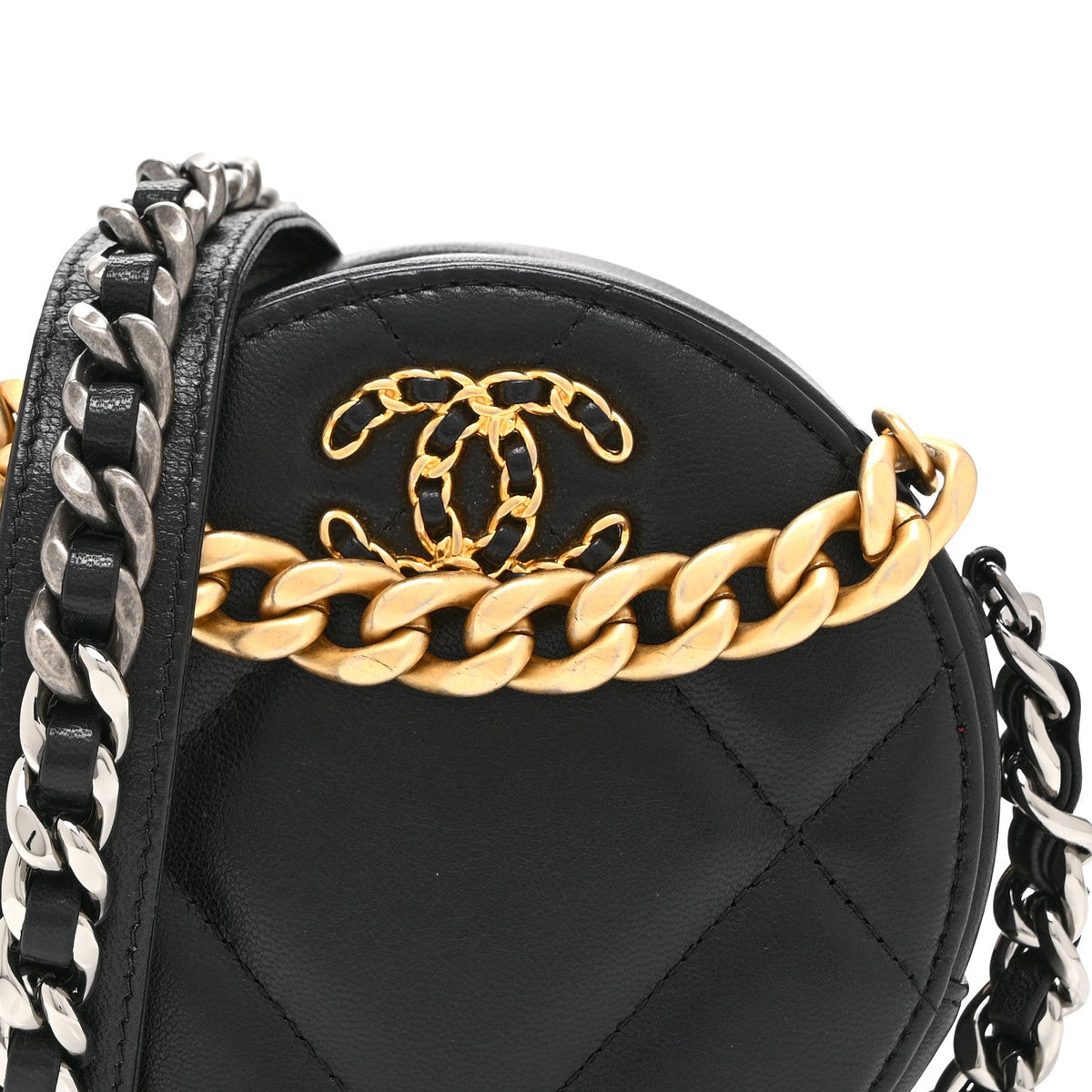 Shiny Goatskin Quilted Chanel 19 Round Clutch With Chain Black