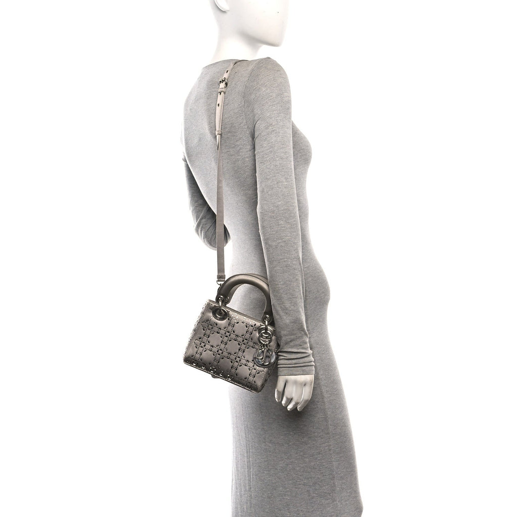 Satin Crystal Cannage Mini Lady Dior Gray