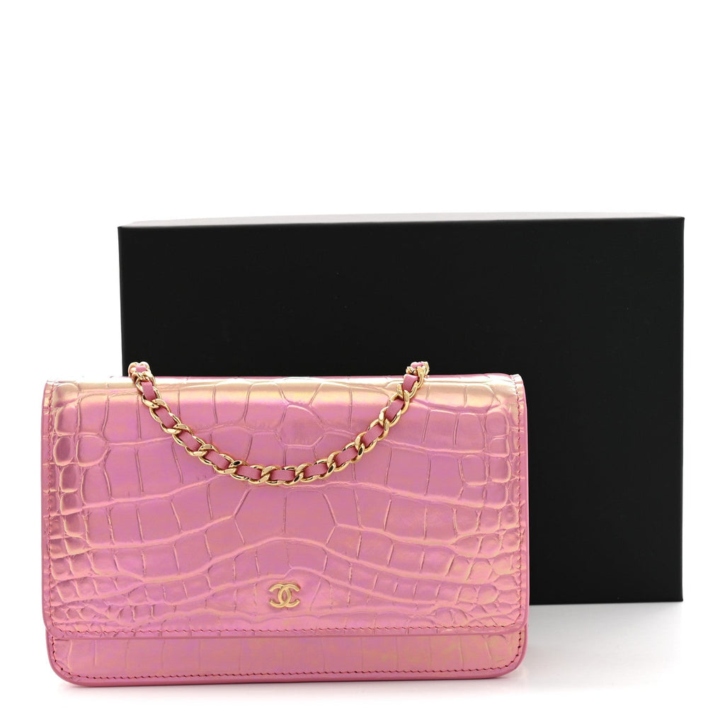 Iridescent Calfskin Crocodile Embossed Wallet On Chain WOC Pink