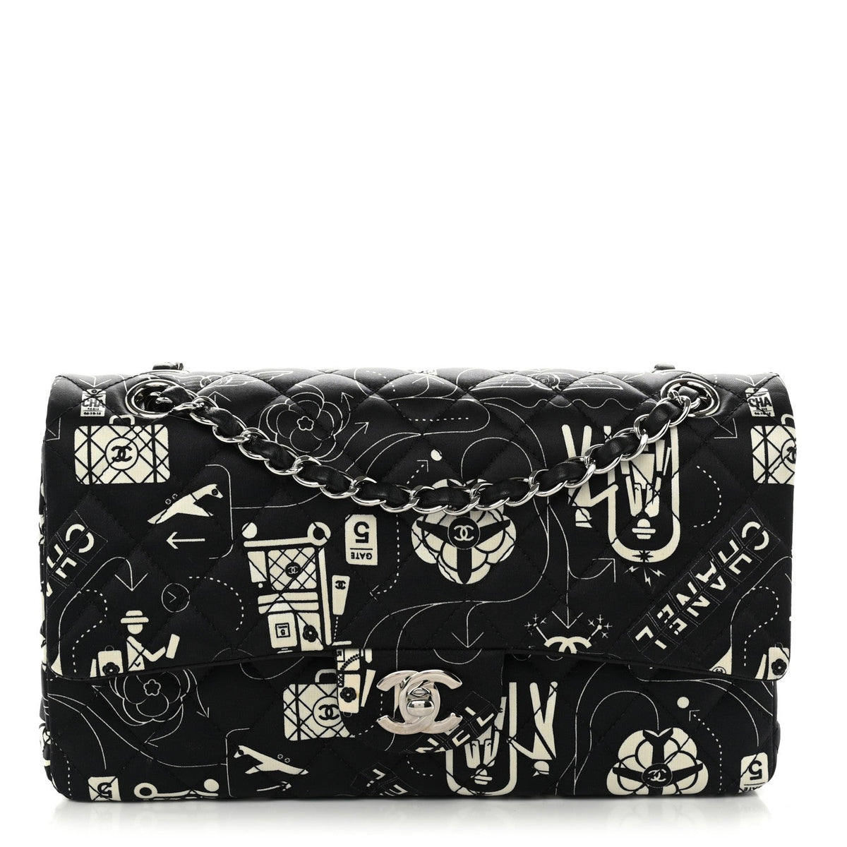 Satin Airline Printed Medium Double Flap Black White