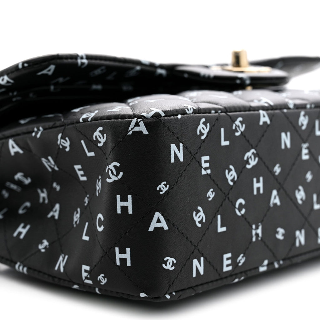 Lambskin Quilted Logo CC Printed Small Double Flap Black White
