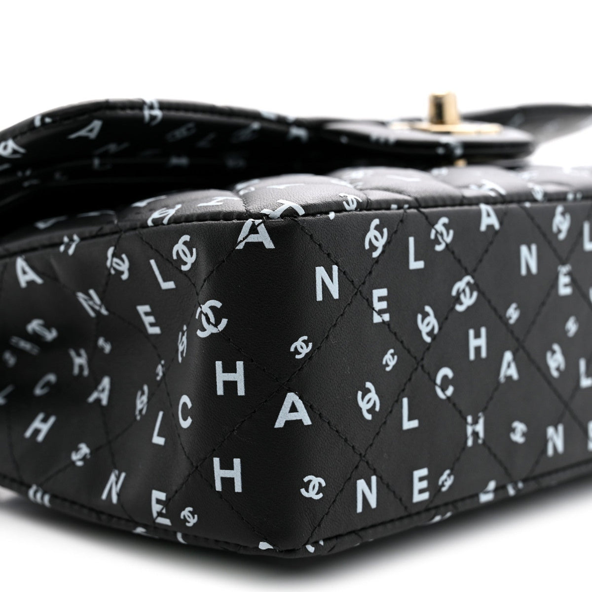 Lambskin Quilted Logo CC Printed Small Double Flap Black White