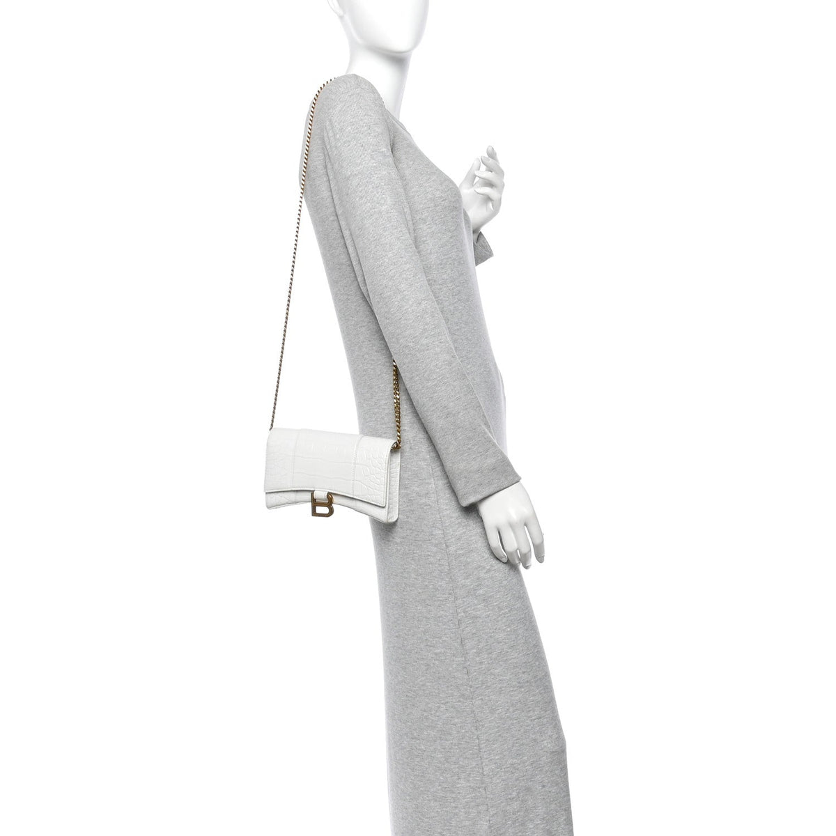 Shiny Calfskin Crocodile Embossed Hourglass Chain Bag White