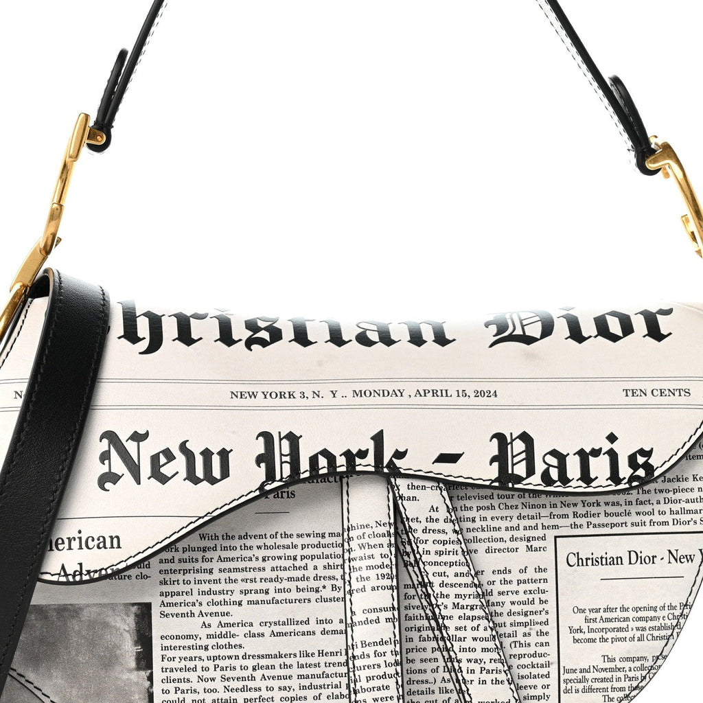Calfskin Newspaper Printed Saddle Bag With Strap Black White
