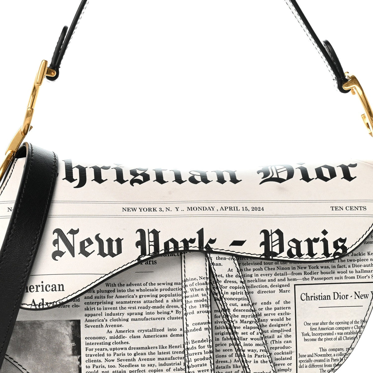 Calfskin Newspaper Printed Saddle Bag With Strap Black White