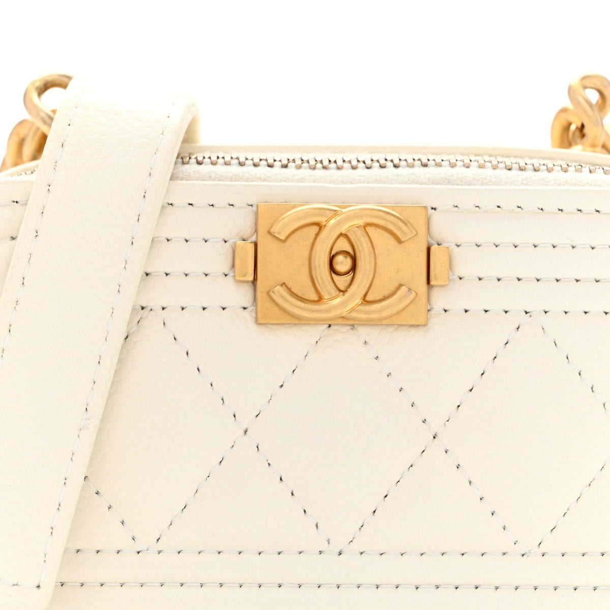 Caviar Quilted Mini Boy Clutch With Chain White