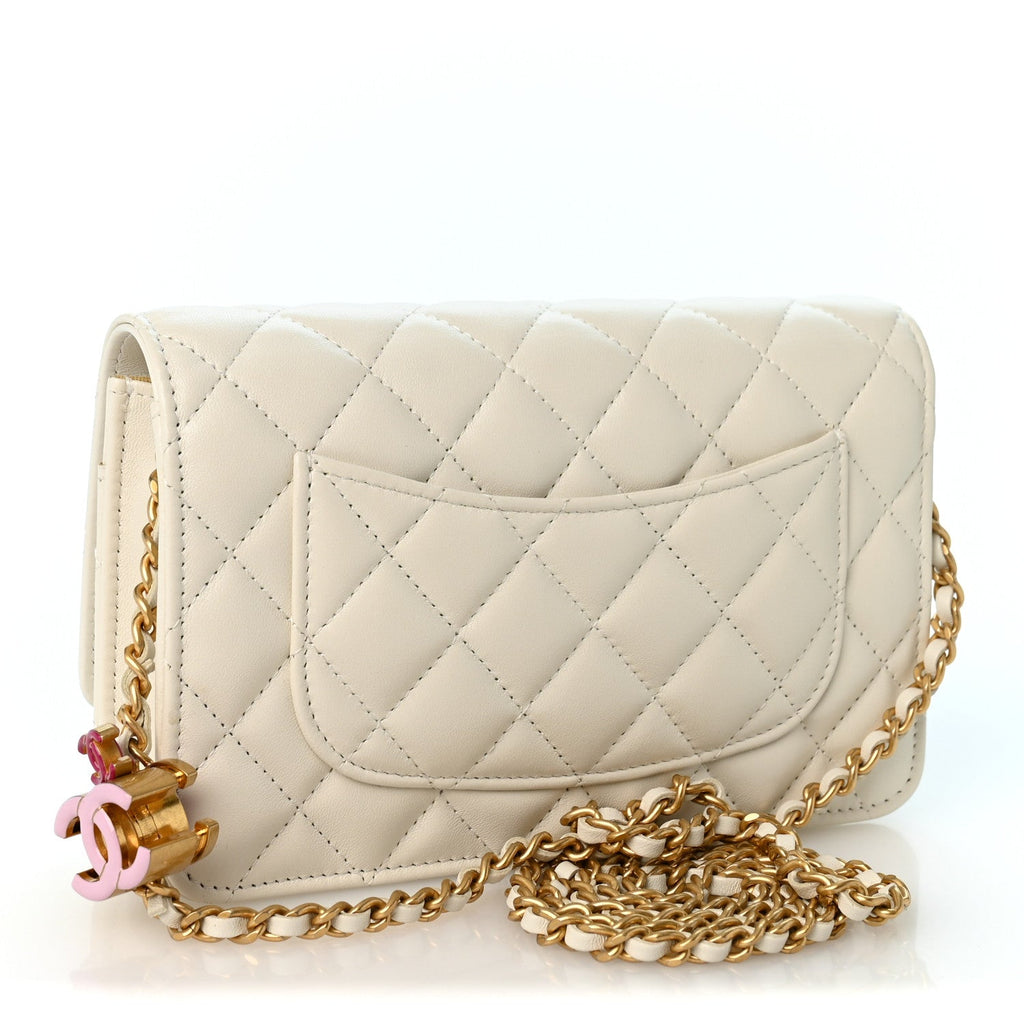 Lambskin Enamel Quilted CC Slide Wallet On Chain WOC White